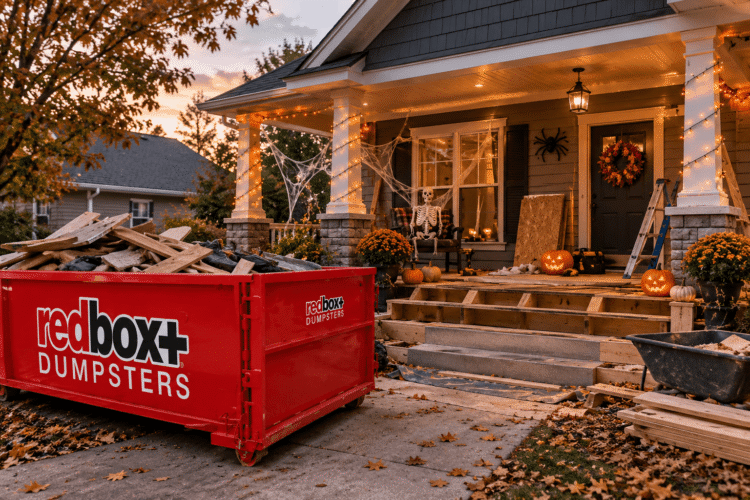 a redbox+ dumpster outside a porch that's being remodeled