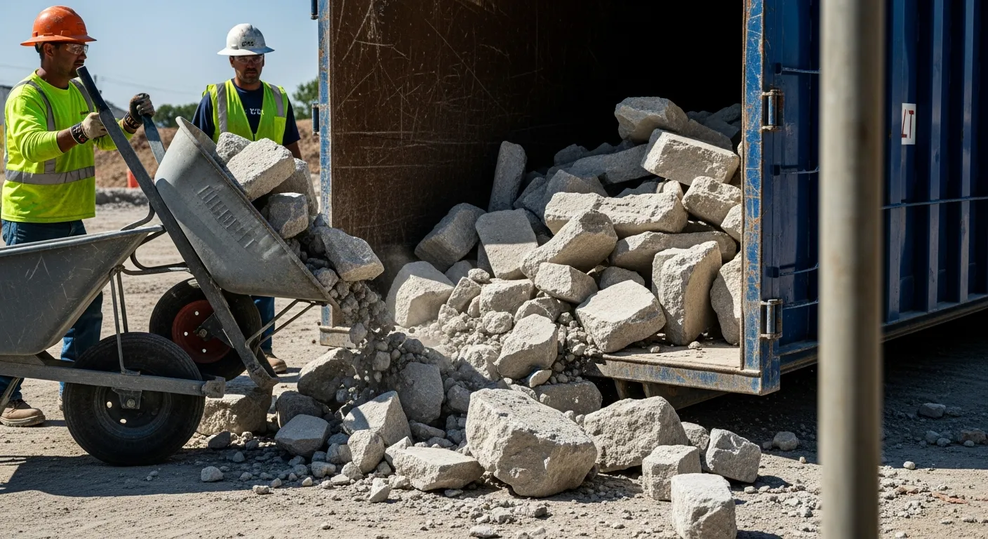 Workers loading broken concrete pieces into a roll-off dumpster with a wheelbarrow on a construction site
