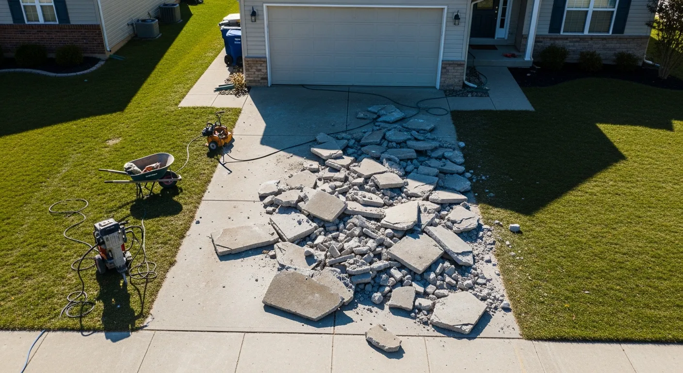 Aerial view of demolished concrete driveway with jackhammer and rubble piles at a residential property