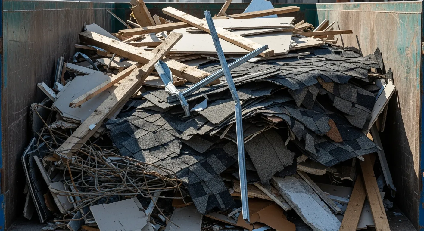 Common construction debris types in a roll-off dumpster including lumber drywall and roofing materials
