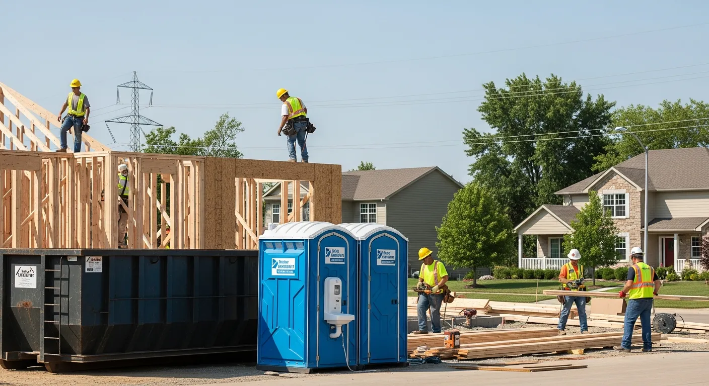 Construction crew working at a building site with a roll-off dumpster and portable toilet combo unit