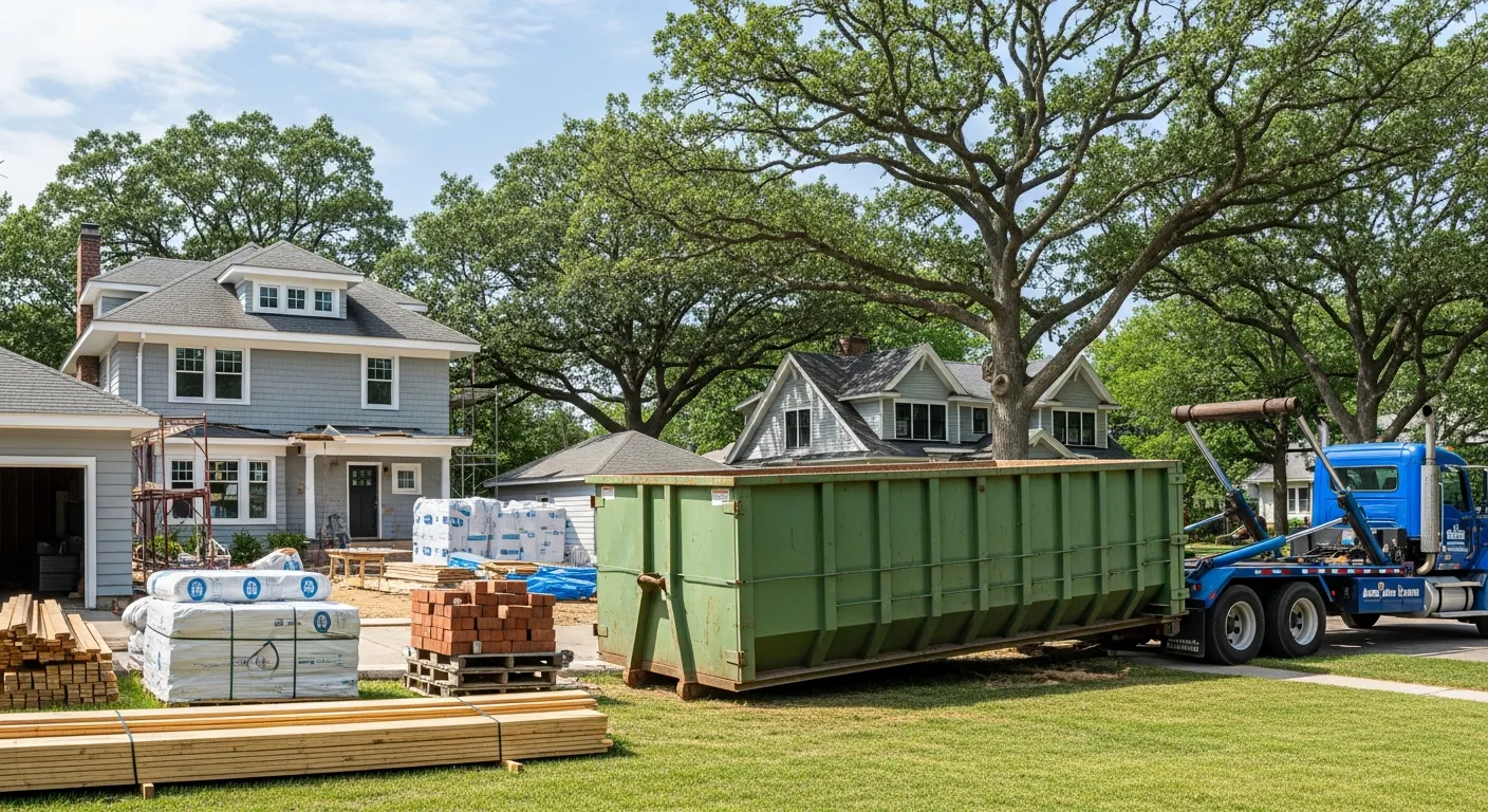 Roll-off dumpster on a residential driveway in Council Bluffs, Iowa for a home renovation project