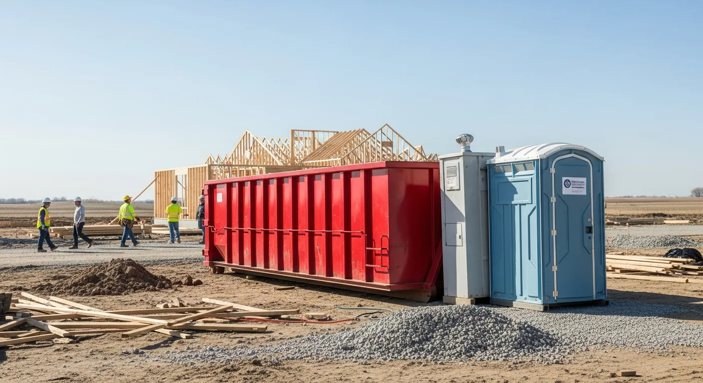 Redbox+ Elite dumpster with integrated portable toilet on a construction site in Council Bluffs
