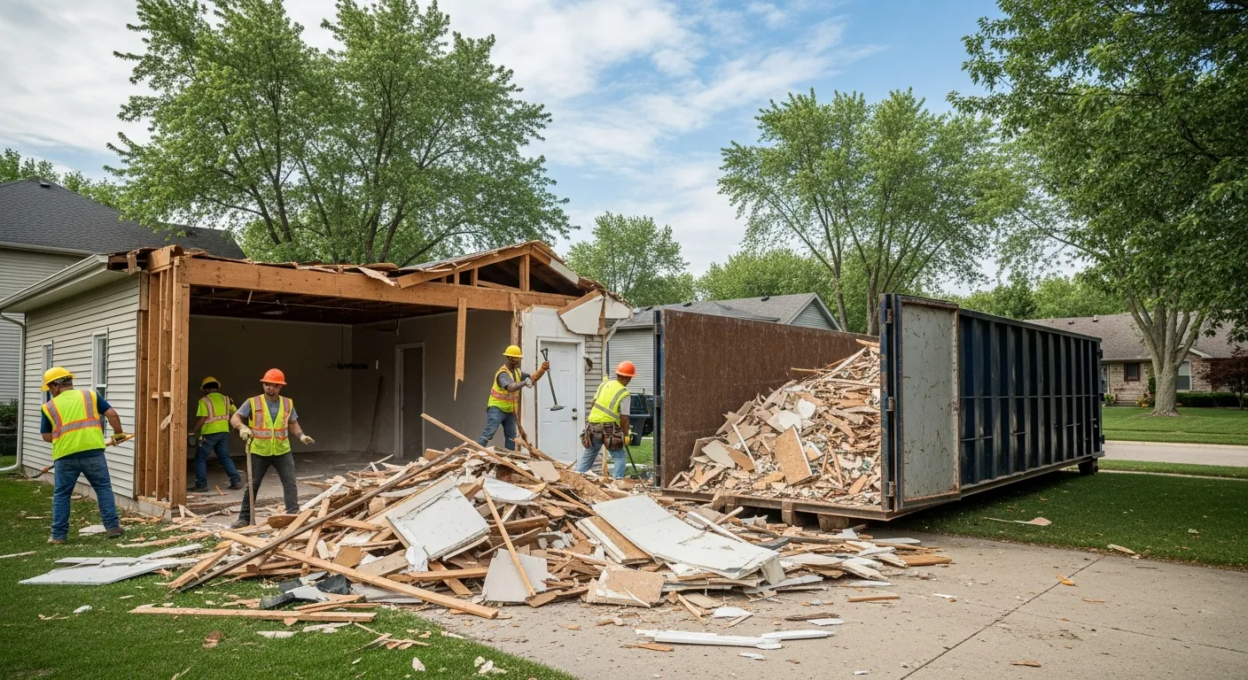 Demolition crew loading debris into a roll-off dumpster during a residential garage teardown in Omaha