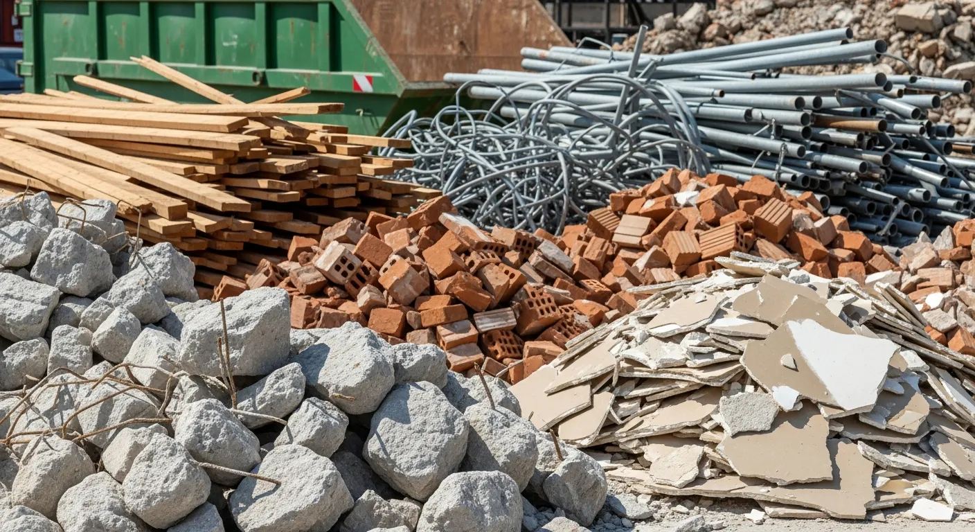 Sorted demolition debris including concrete, lumber, brick, and metal ready for construction debris removal