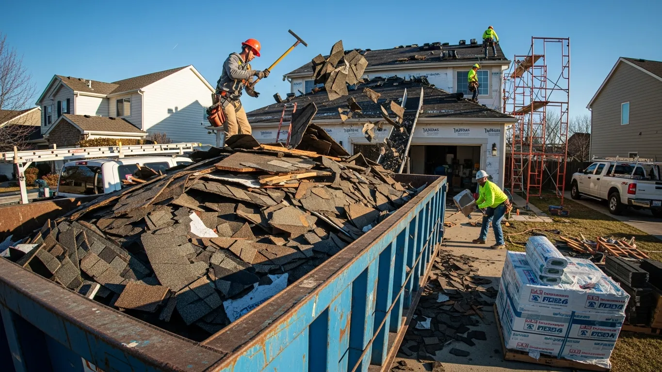 Roofing project with roll-off dumpster in Bellevue NE suburb