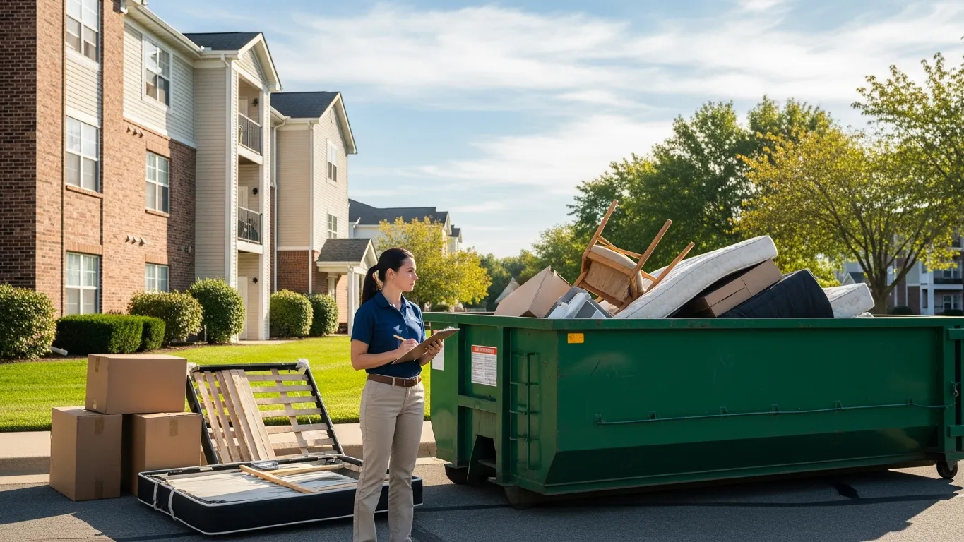 Property manager overseeing dumpster rental at an apartment building cleanout in Omaha