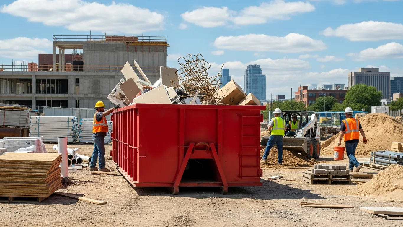 Red roll-off dumpster on a commercial construction job site in Omaha