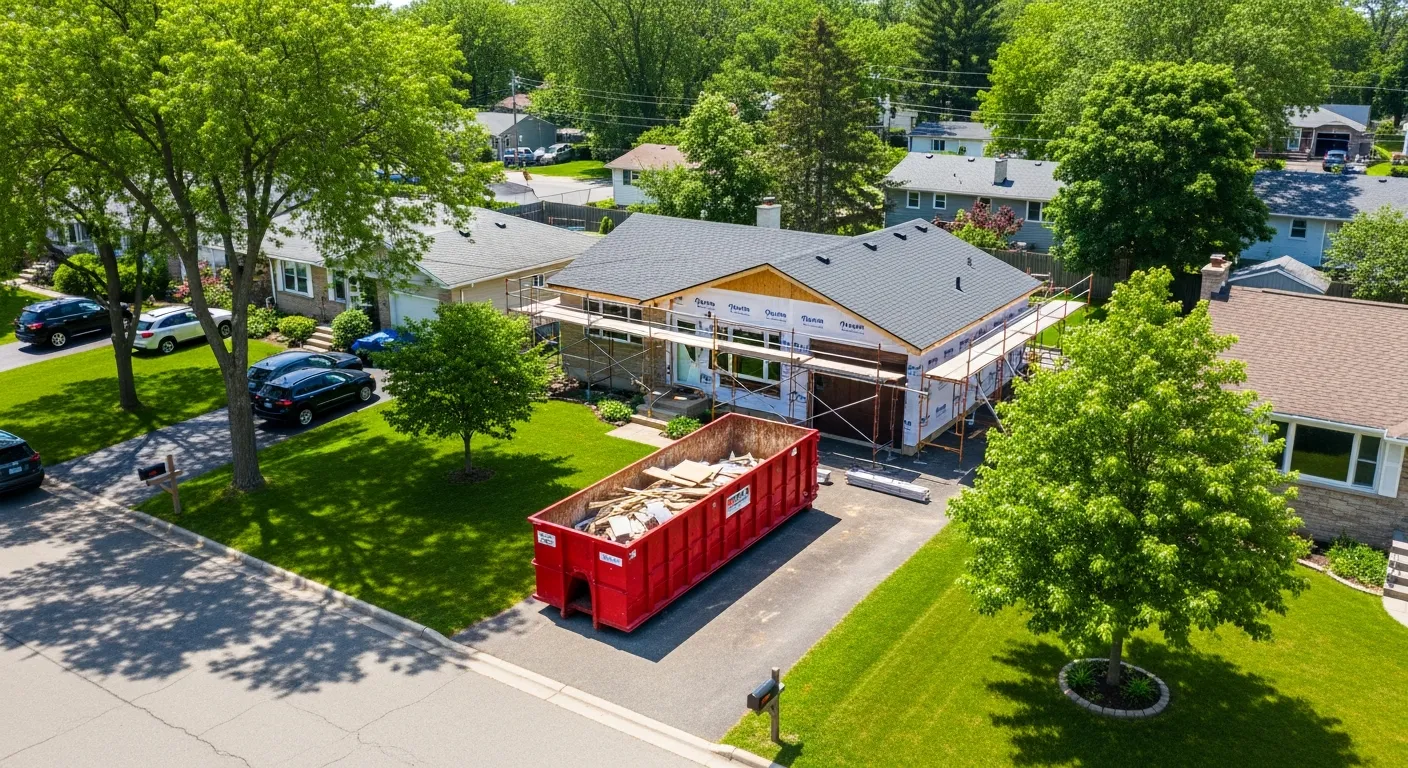 Aerial view of a red dumpster in a driveway during a home renovation project in an Omaha suburb