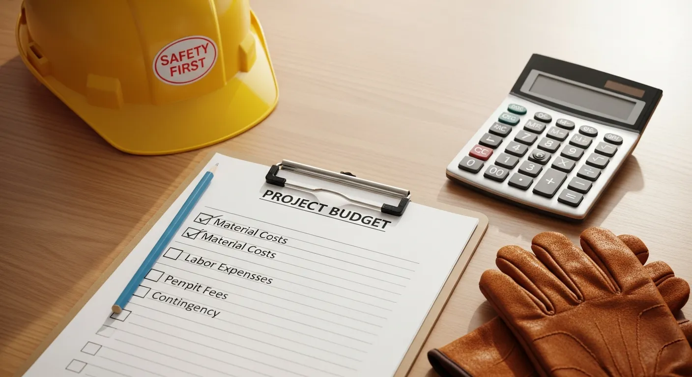 Project budget checklist with calculator hard hat and work gloves on a desk - planning dumpster rental costs