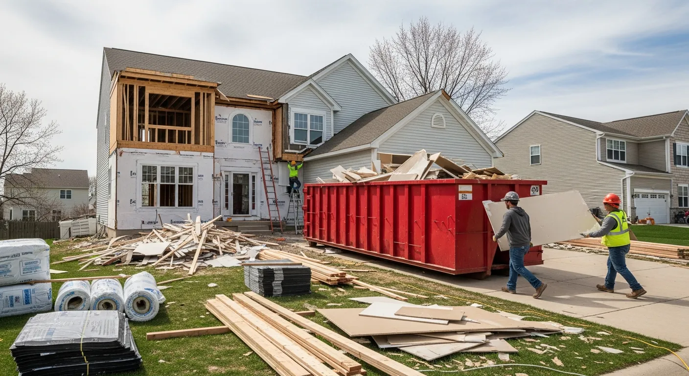 Home renovation project with roll-off dumpster rental in Council Bluffs Iowa driveway