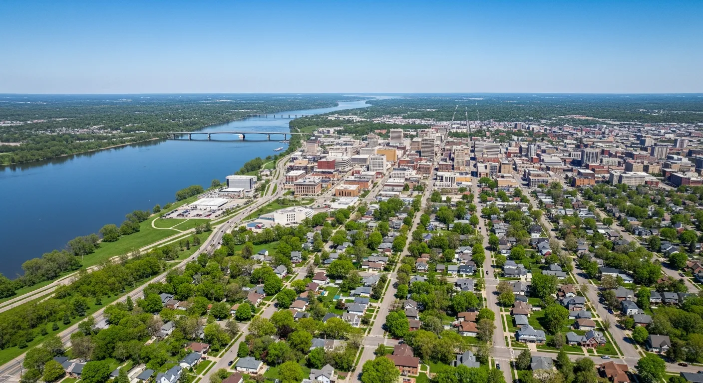 Aerial view of Council Bluffs Iowa neighborhoods and Missouri River service area
