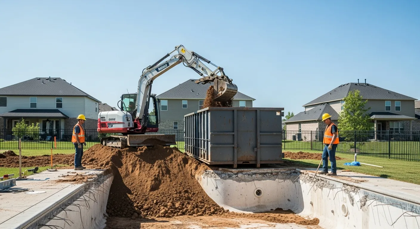 Excavation crew using a small excavator to load dirt into a roll-off dumpster during a pool removal project in Omaha