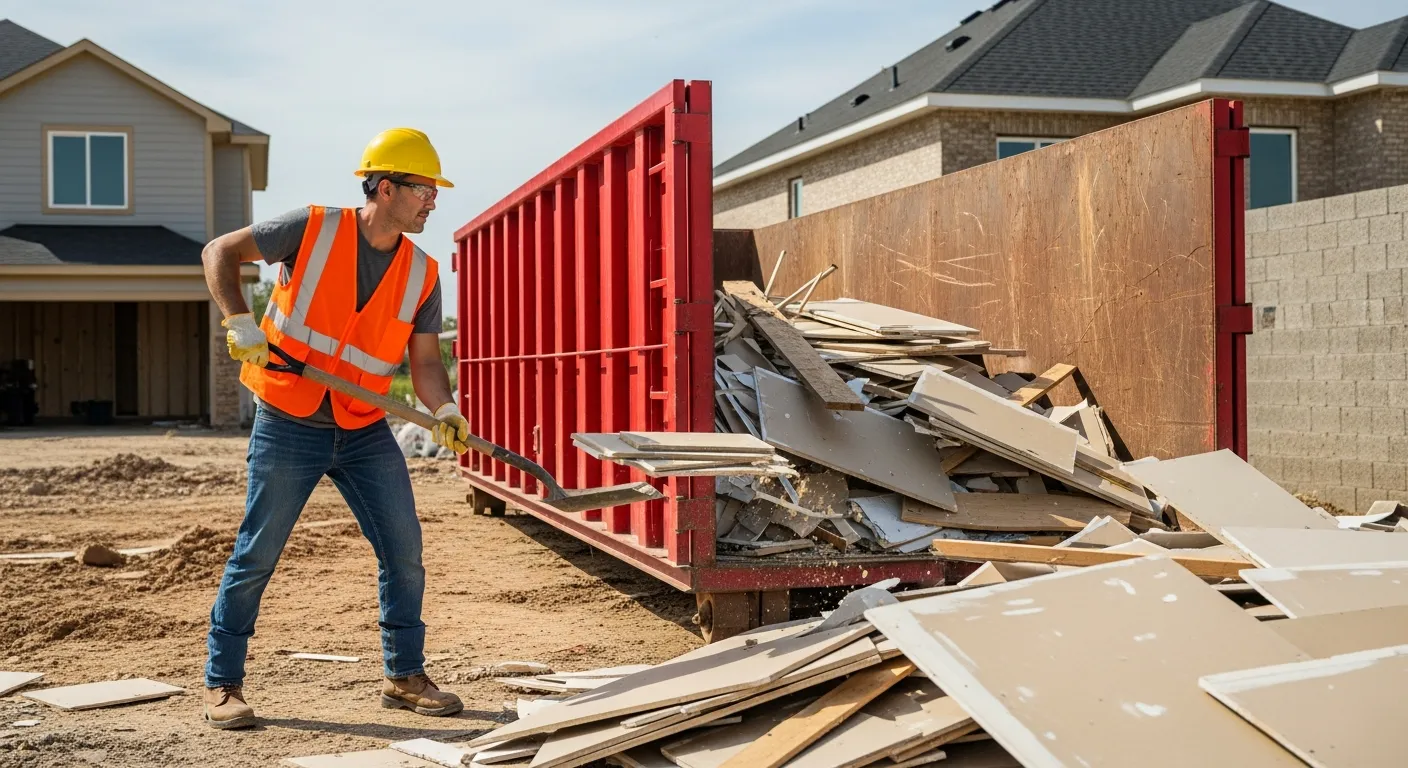 Construction worker loading debris into a red roll-off dumpster at an Elkhorn NE job site