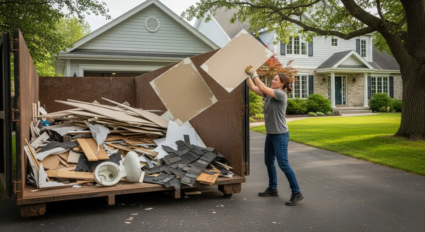 Homeowner loading renovation debris into a roll-off dumpster rental in Gretna NE