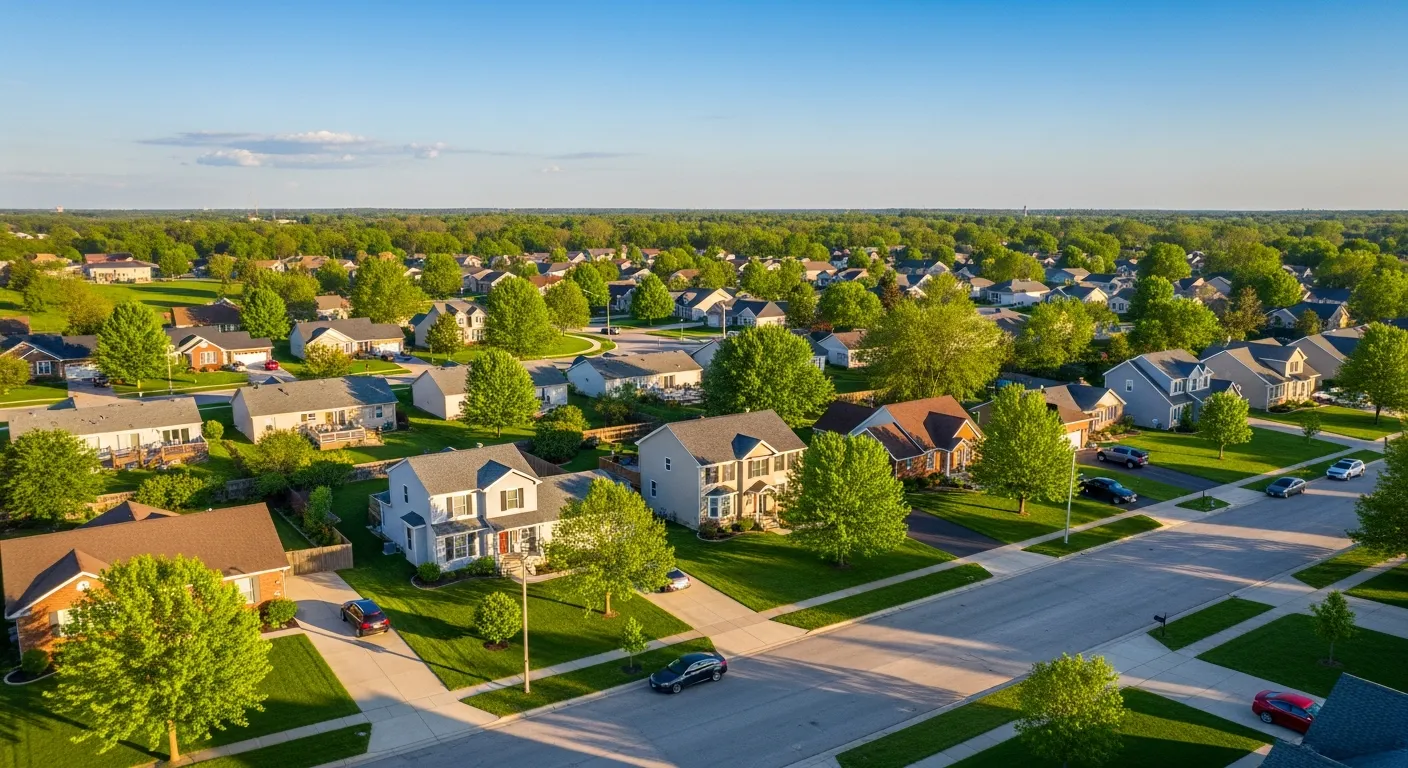 Aerial view of a suburban neighborhood in Ralston NE with tree-lined streets and single-family homes