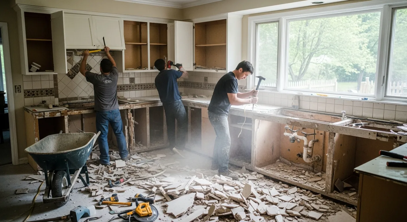 Kitchen demolition during a remodel with debris from cabinets, tile, and drywall