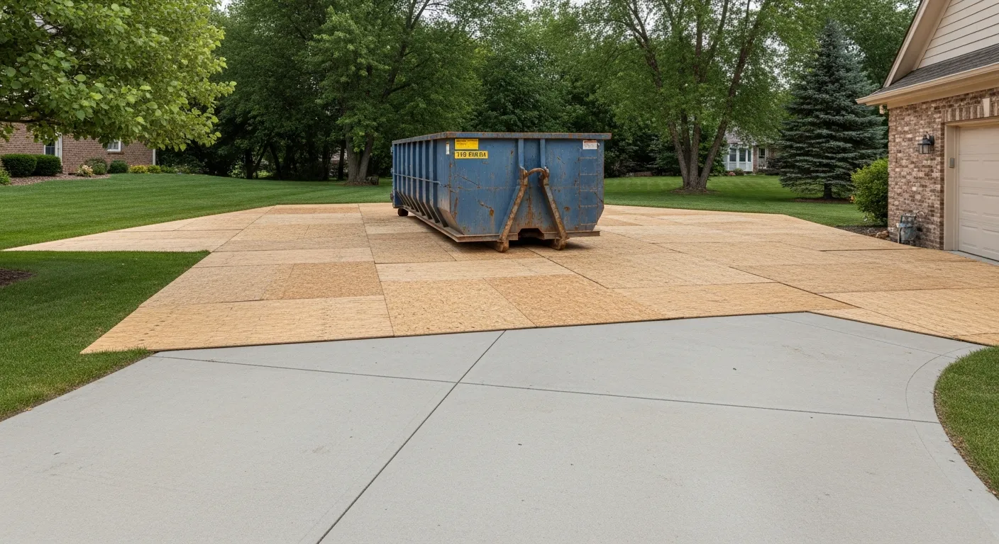 Plywood boards protecting a residential driveway under a roll-off dumpster