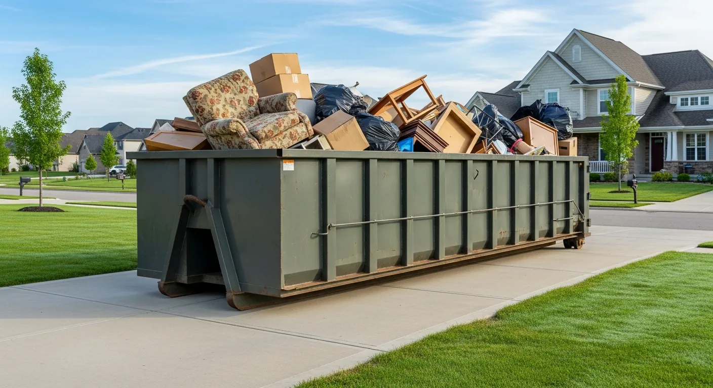 20-yard dumpster in a residential driveway for an estate cleanout project