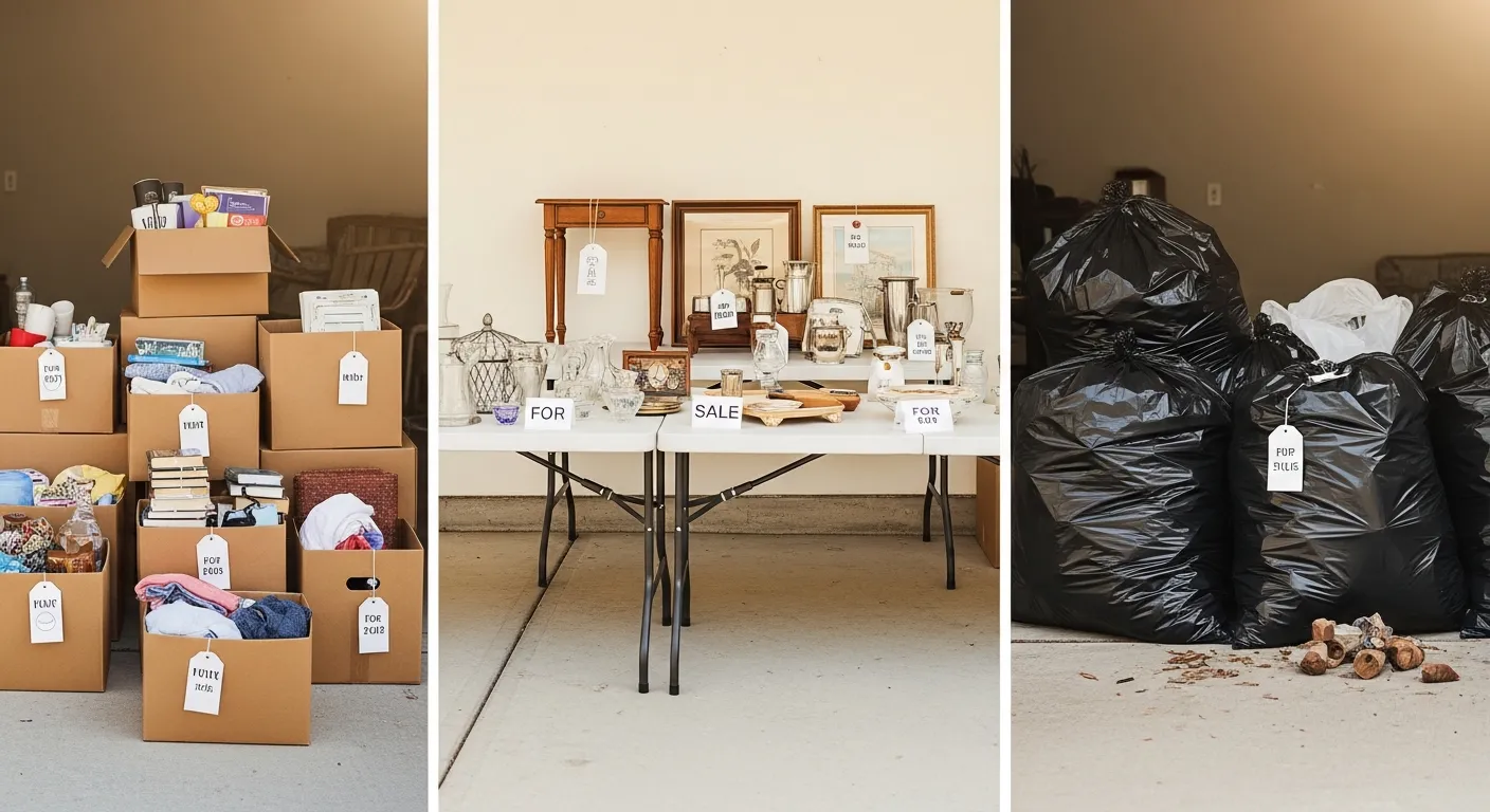 Sorting items into donate, sell, and dispose piles during an estate cleanout