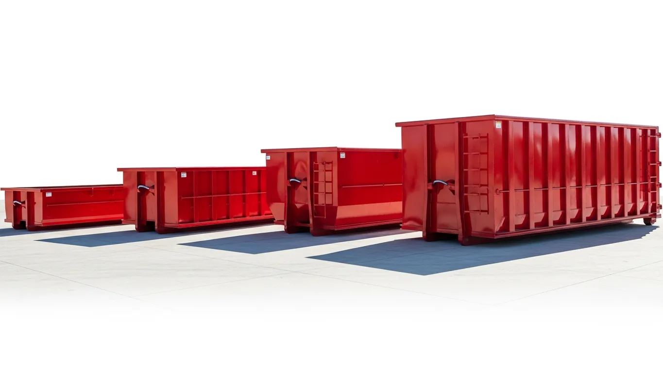 Four roll-off dumpster sizes from 10-yard to 40-yard lined up for comparison