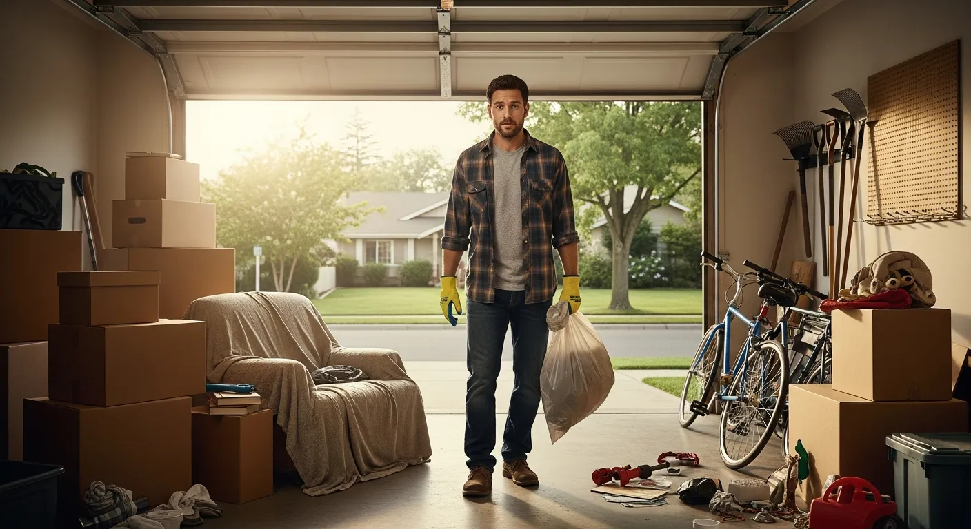 Homeowner sorting through household items during a garage cleanout project in Omaha