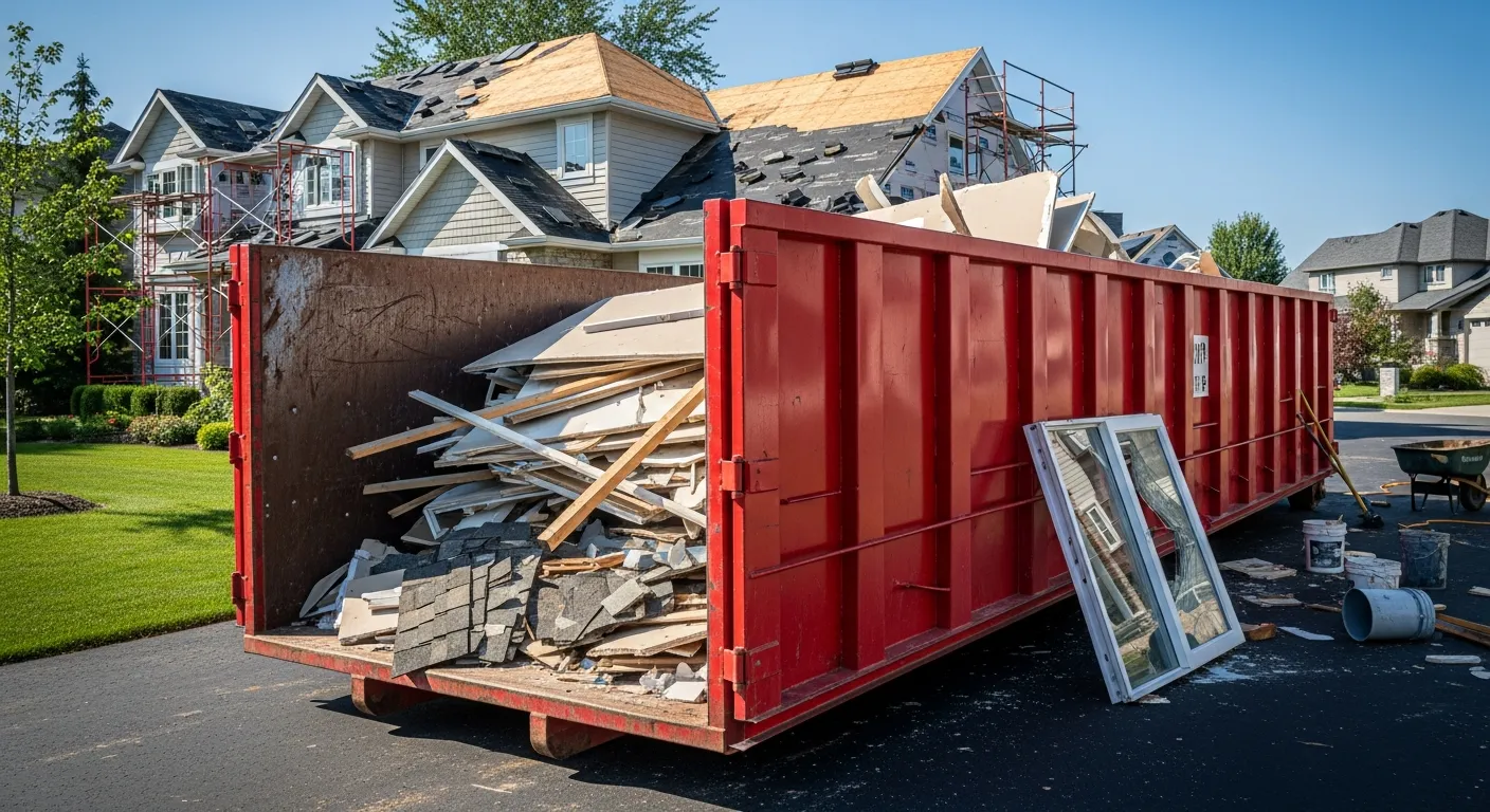 Roll-off dumpster on a residential driveway being used for a home renovation project in Omaha