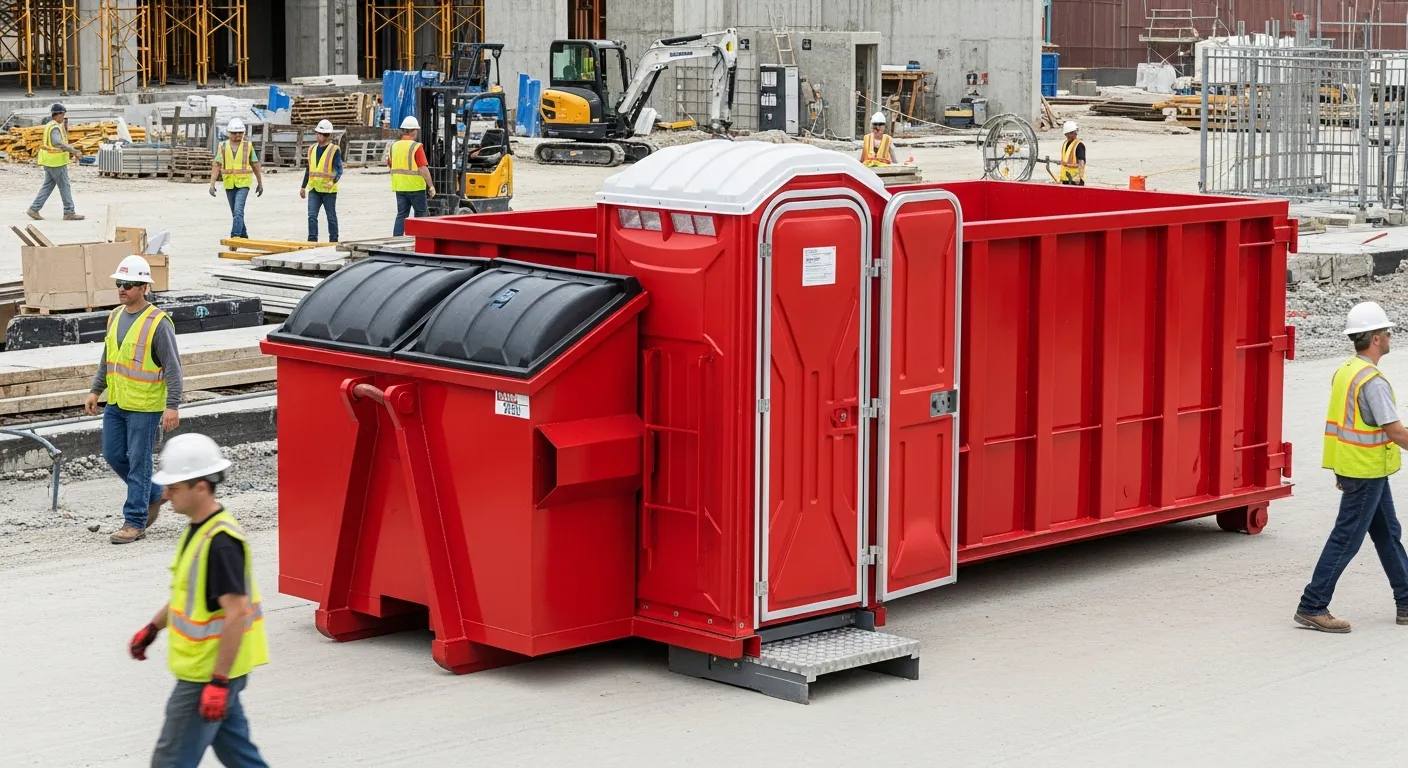Redbox+ Elite dumpster with integrated portable toilet at a construction site