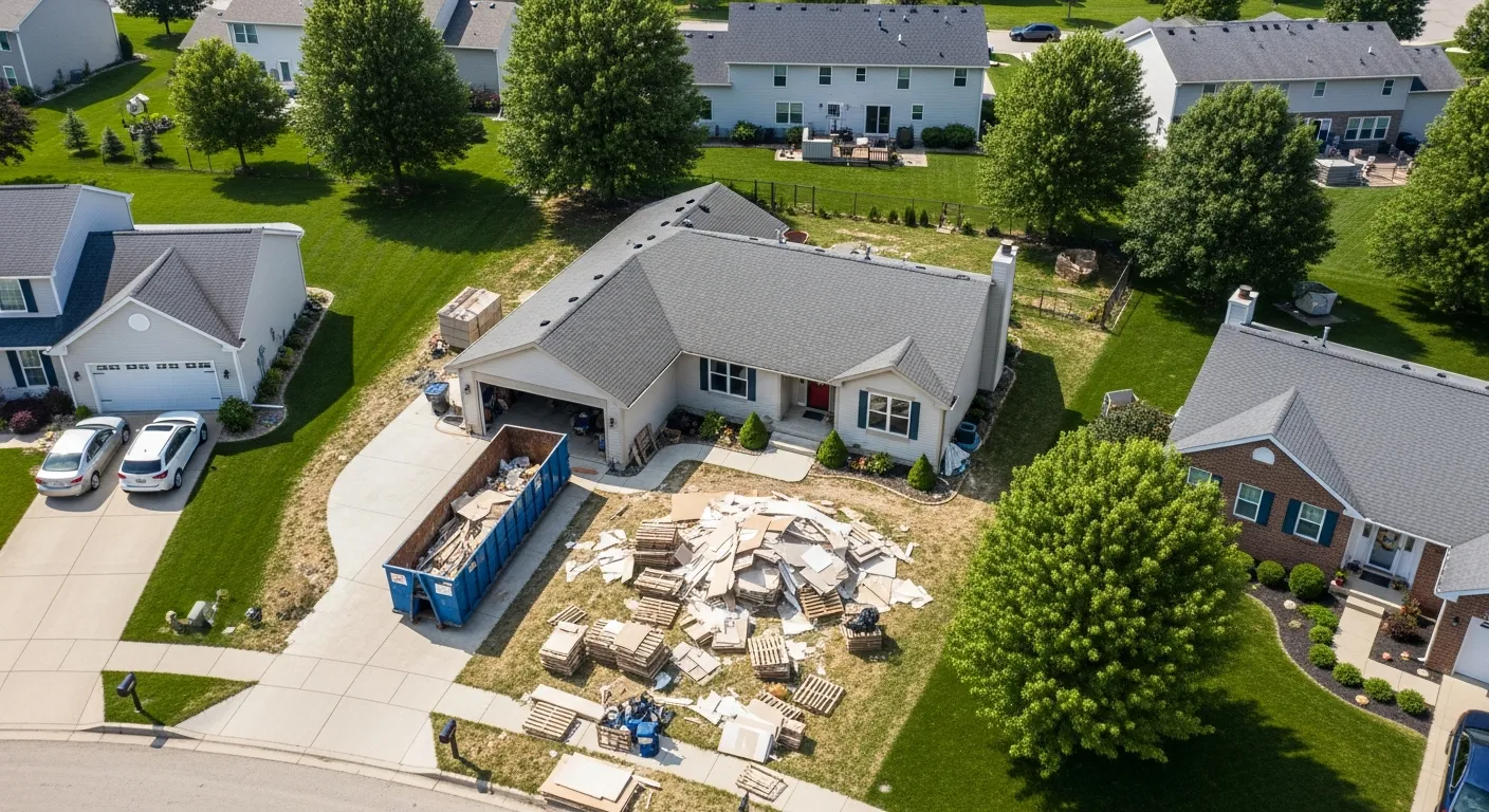 Home renovation project with construction debris and a dumpster in the driveway in an Omaha neighborhood