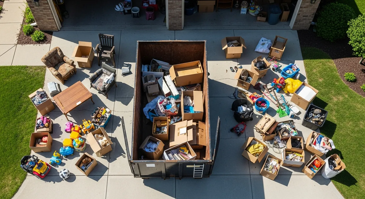 Garage cleanout project with household items being loaded into a roll-off dumpster