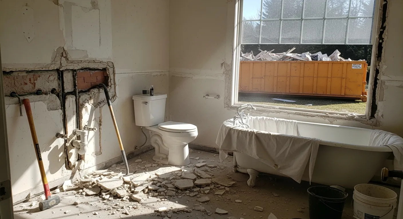 Bathroom renovation project with construction debris and a dumpster outside