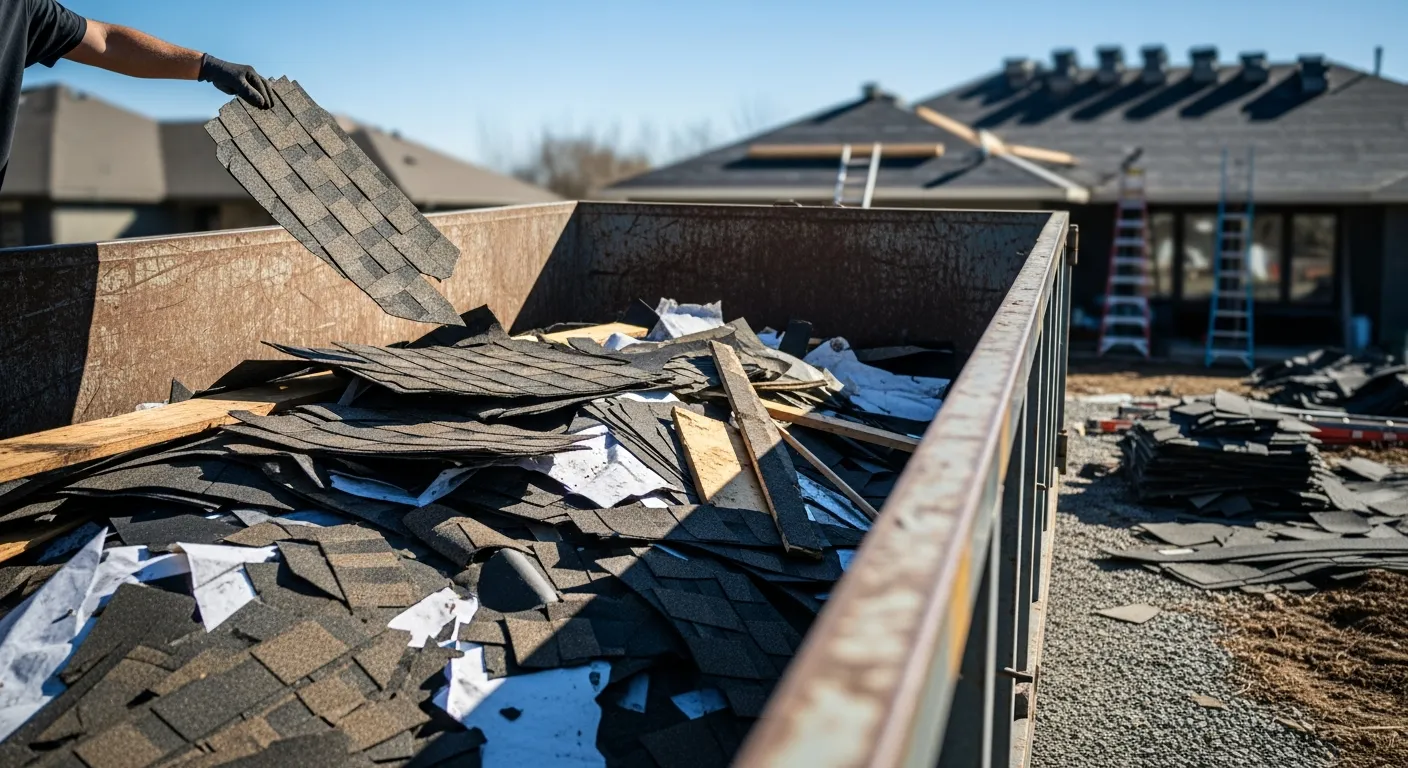 Asphalt roofing shingles and debris being loaded into a dumpster at a residential job site
