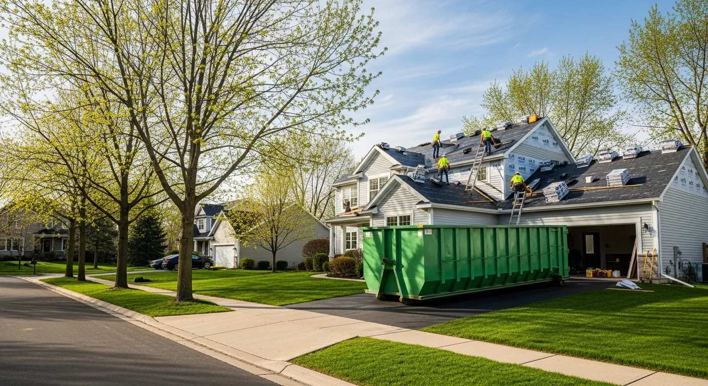 Dumpster placement on residential street in Omaha with roofing crew on two-story home