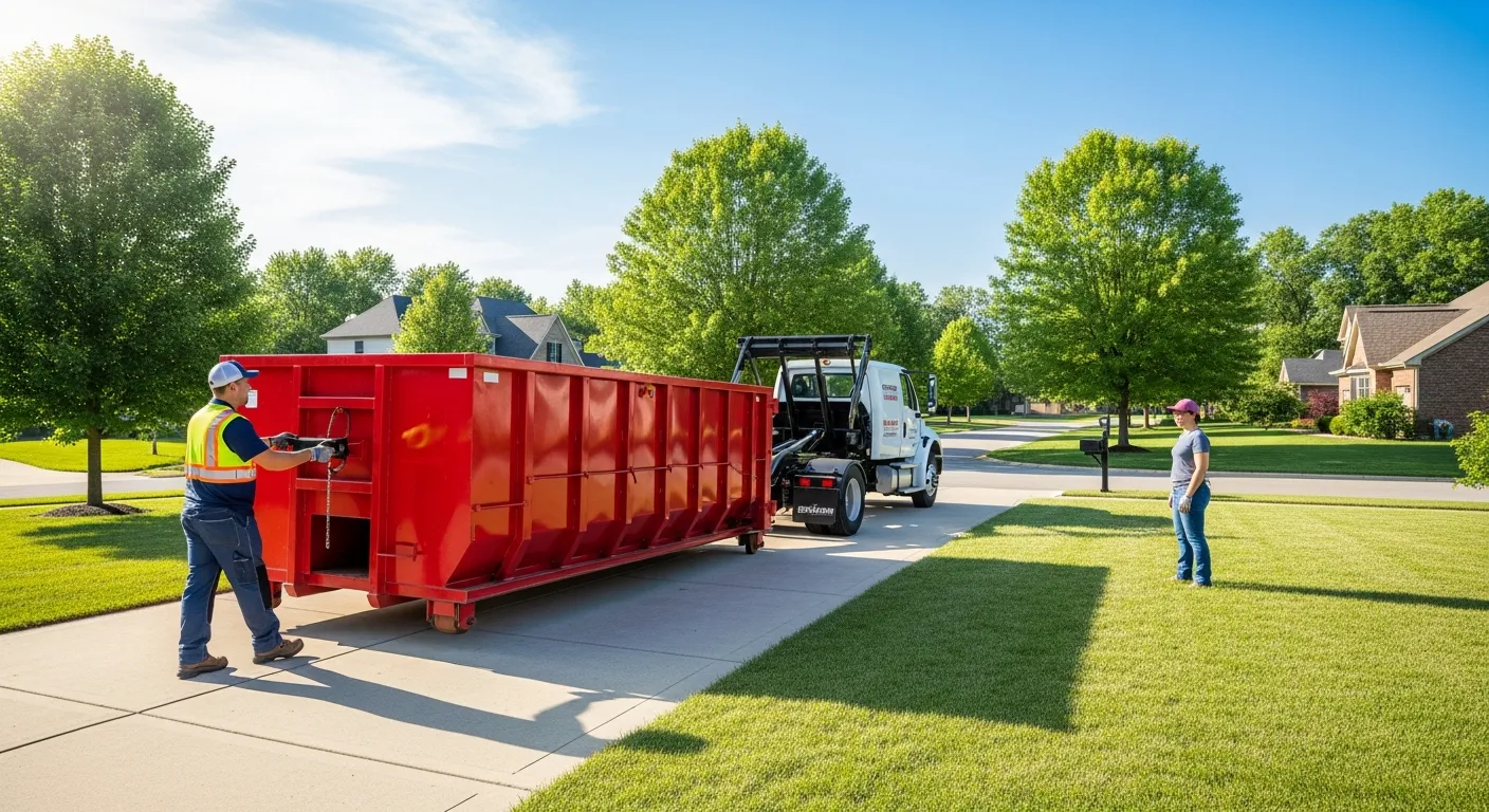 Same-day dumpster delivery in Omaha with a roll-off container being placed on a residential driveway