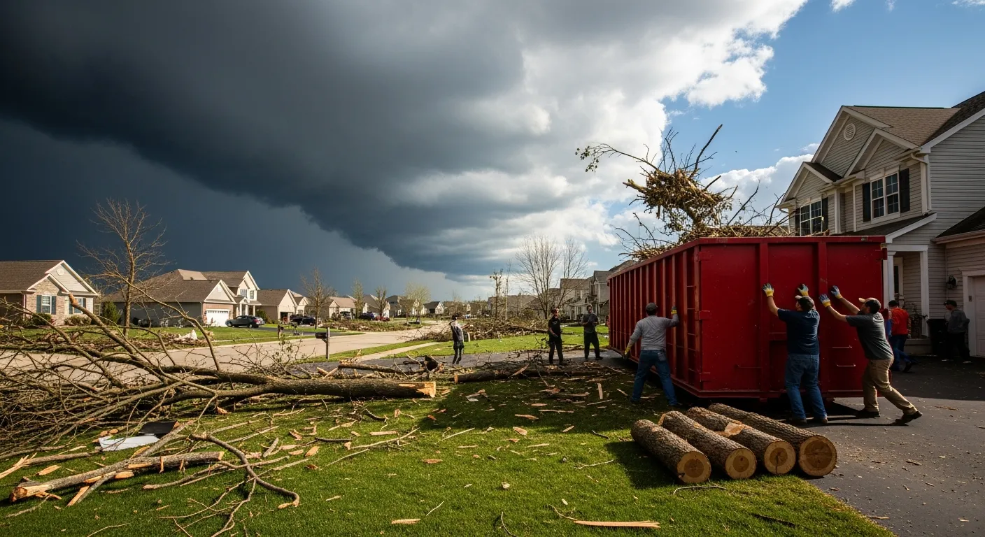 Emergency storm cleanup in Omaha with a dumpster being loaded with debris after severe weather