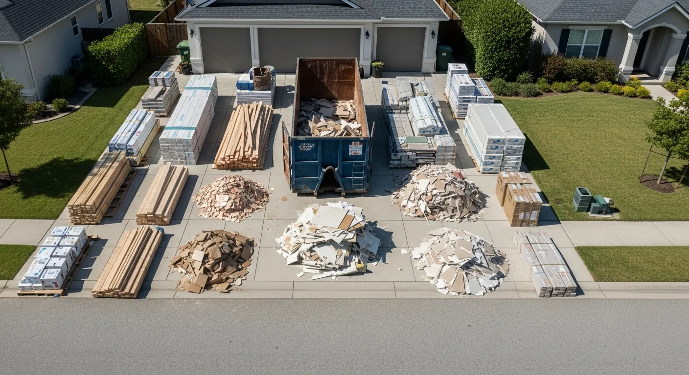 Sorted renovation debris next to a roll-off dumpster in an Omaha driveway