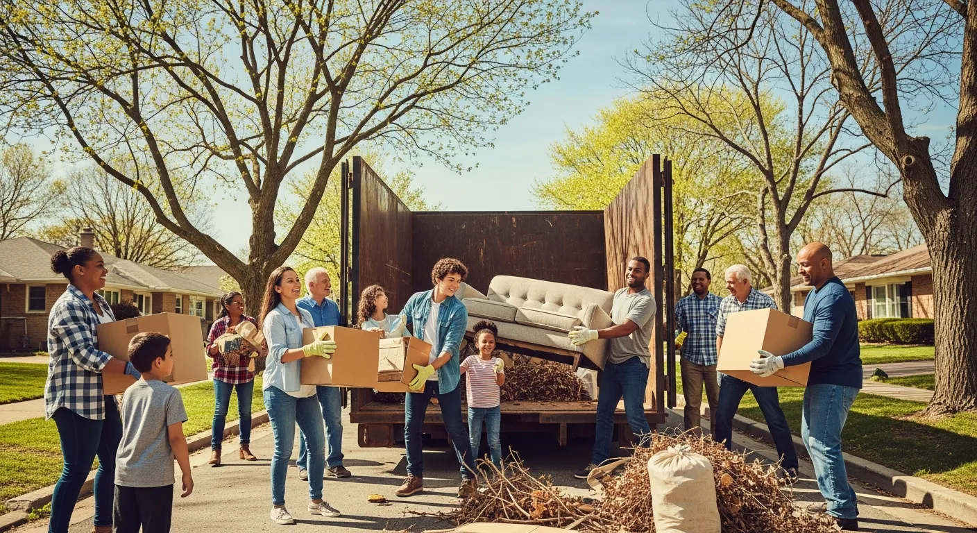 Neighbors sharing a dumpster during a community spring cleanup in Omaha