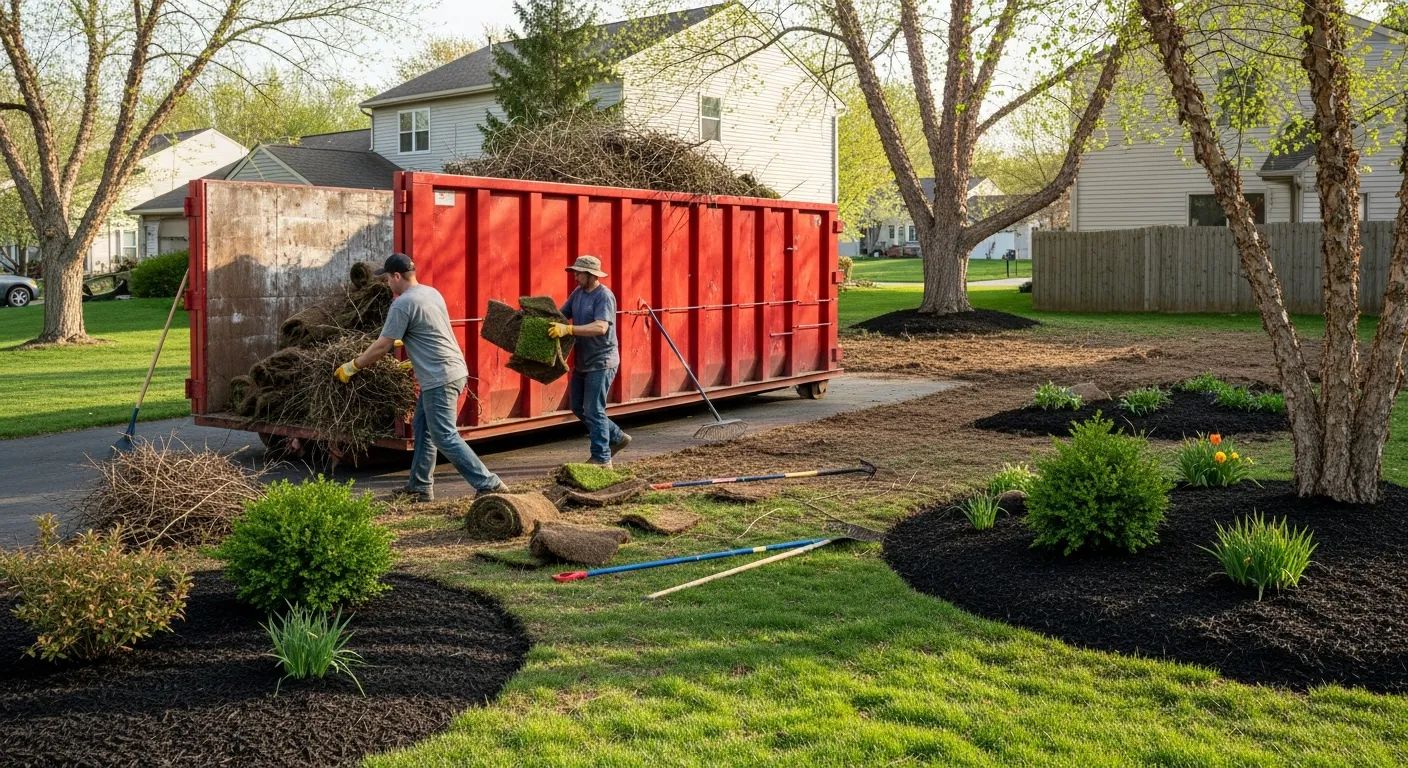 Spring landscaping renovation project with yard waste being loaded into a roll-off dumpster in an Omaha residential neighborhood