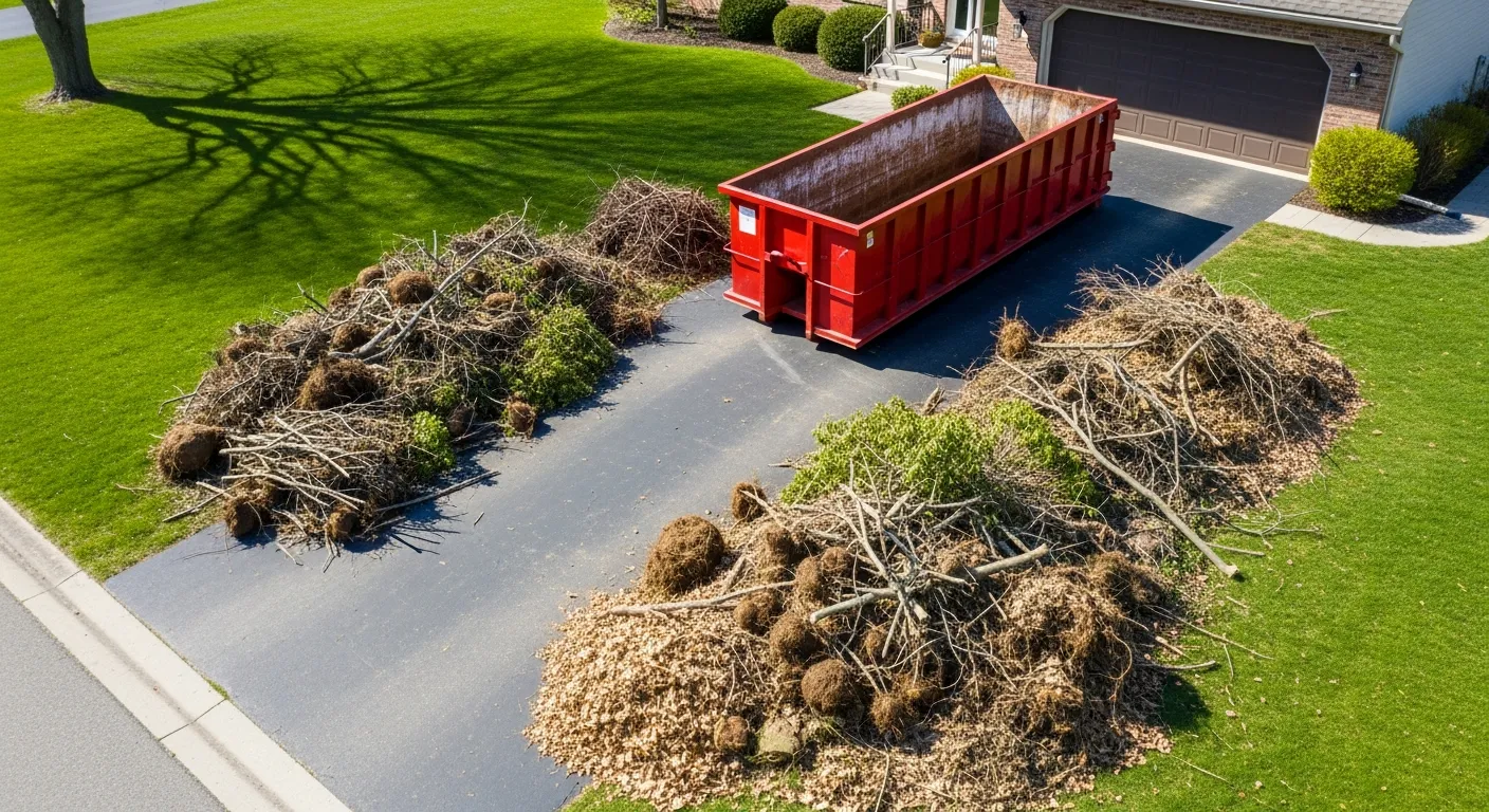 Yard waste materials including branches, leaves, and garden debris sorted next to a red roll-off dumpster in spring