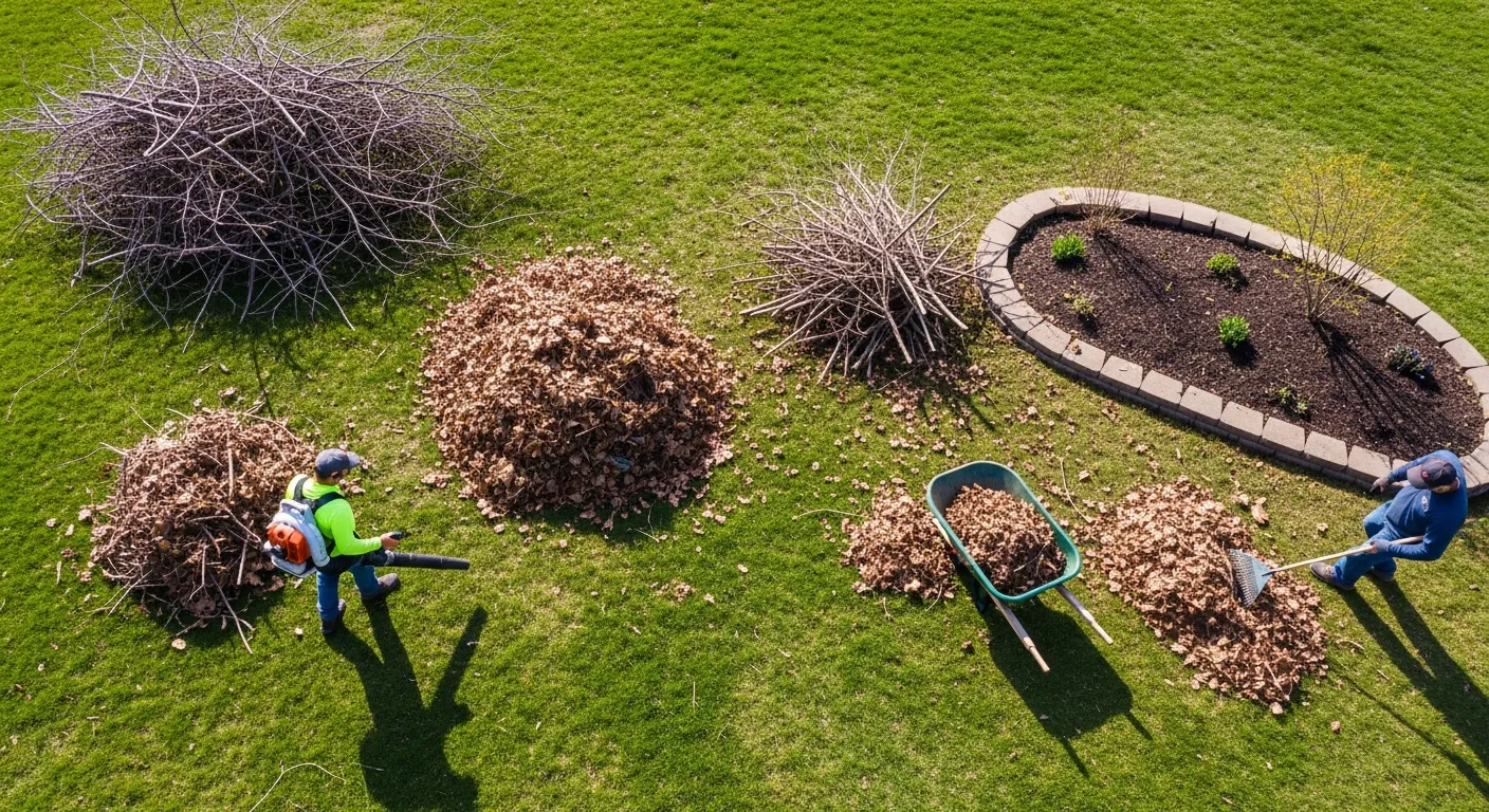 Workers doing spring yard cleanup with piles of branches and leaves in an Omaha backyard