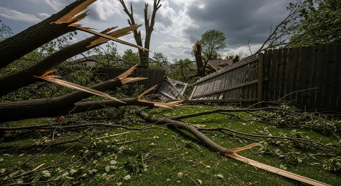 Storm debris including fallen tree branches scattered across a residential yard in Omaha