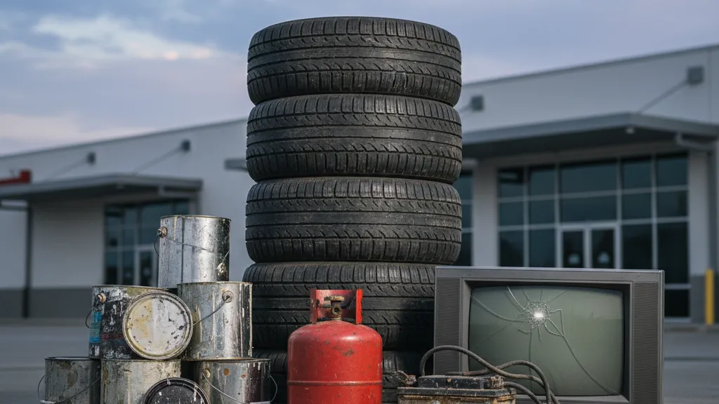 Prohibited dumpster items including tires, paint cans, TV, battery, and propane tank