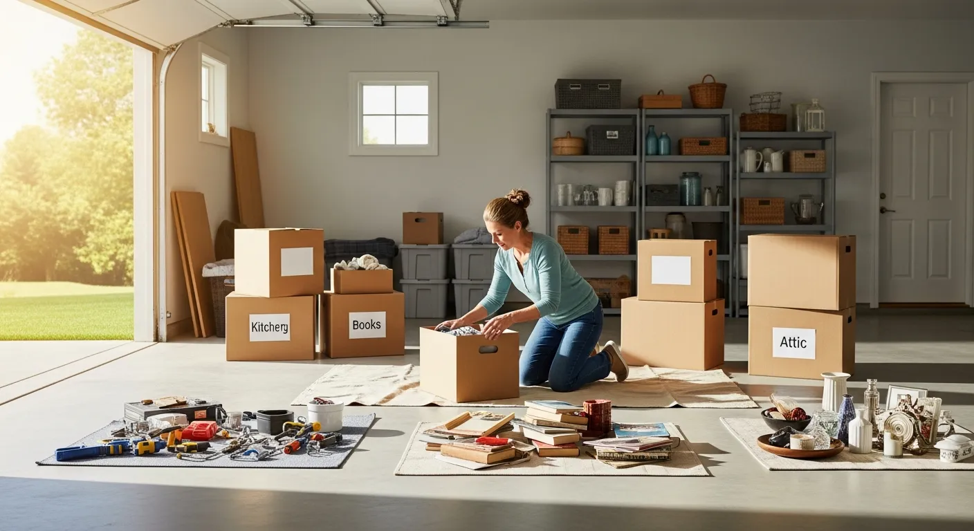Homeowner sorting and organizing household items in a garage before a move in Omaha