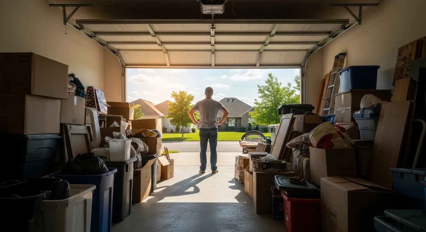 Homeowner surveying a cluttered garage before a cleanout project in Omaha