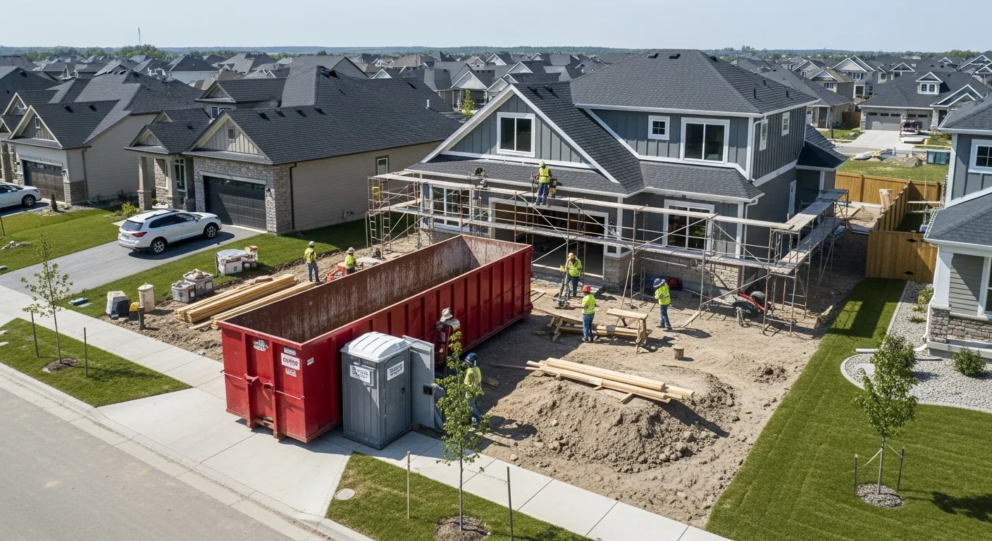 Aerial view of dumpster with portable toilet on a residential renovation site in Omaha