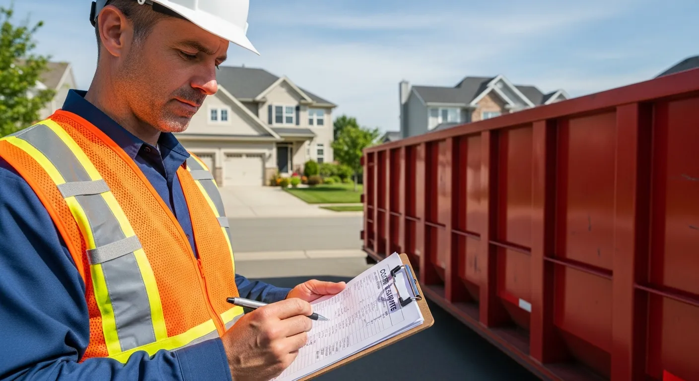 Contractor reviewing dumpster toilet combo cost estimates on clipboard at job site