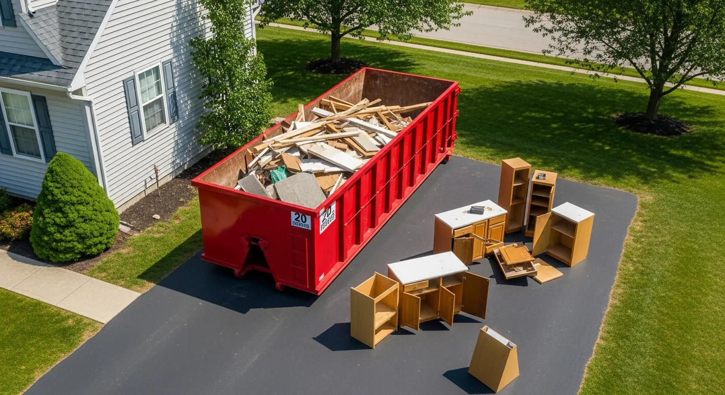 Red 20-yard roll-off dumpster in a residential driveway during a home renovation project in Omaha