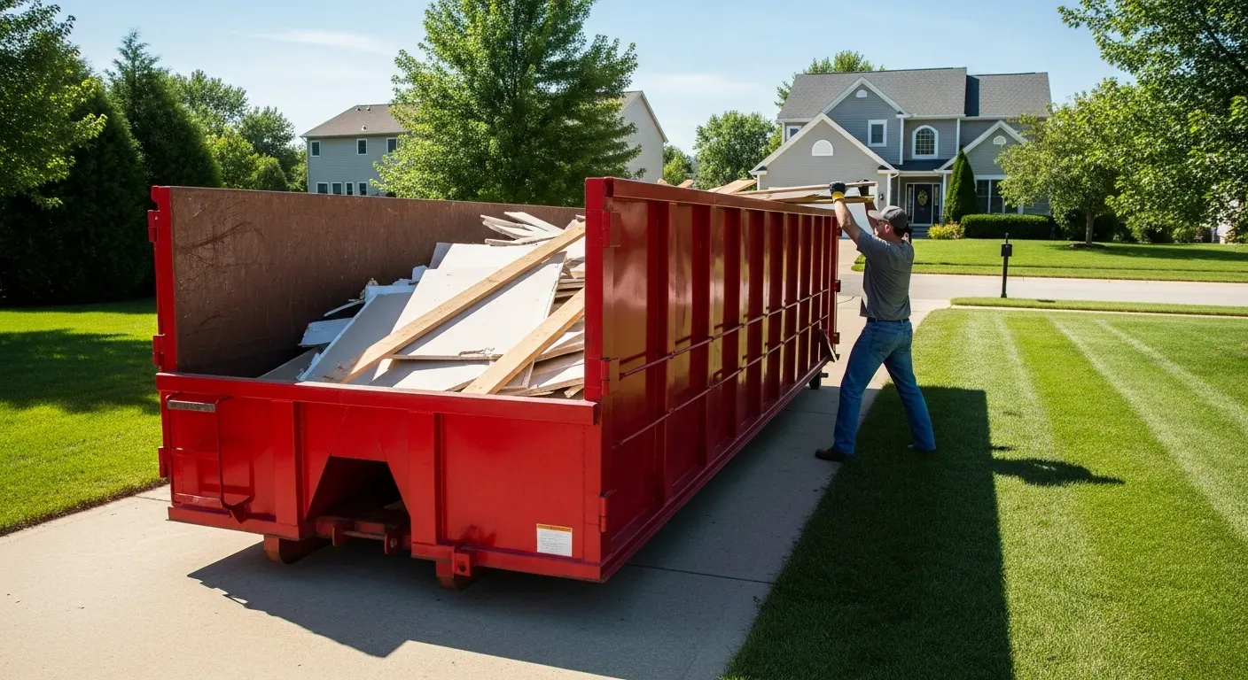 Homeowner loading lumber into a red 20-yard roll-off dumpster in a driveway
