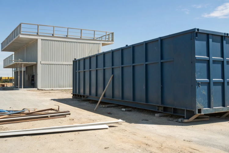 A 40 yard dumpster at a construction site, a key factor in the rental price.