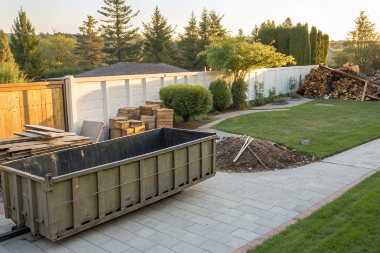 A residential dumpster in a backyard filled with trash, wood debris, and yard waste.